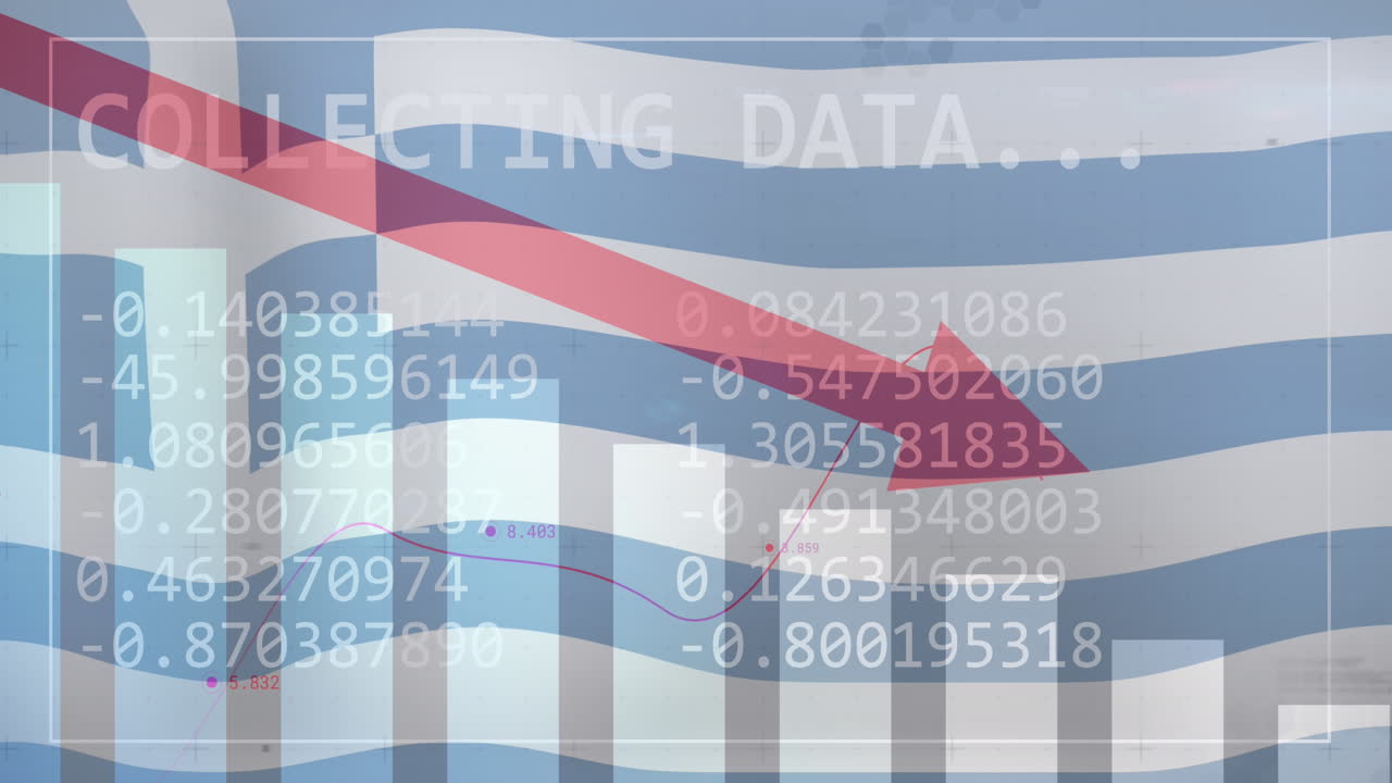 Animazione di statistiche ed elaborazione dati sulla bandiera sventolante della Grecia