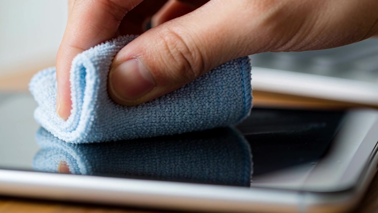 Notando una macchia, una mano usa un panno in microfibra blu piegato per pulire lo schermo del tablet su un tavolo di legno.