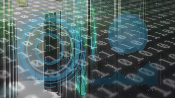 Animation of binary codes, graphs with hud processing on digital interface