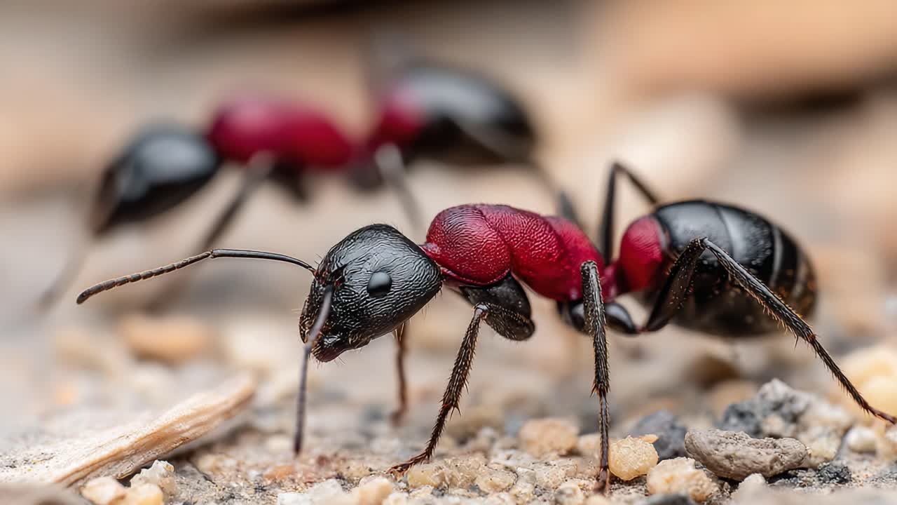 Close-up of Two Black and Red Ants foraging on the ground, showcasing their intricate features and behavior in a natural habitat