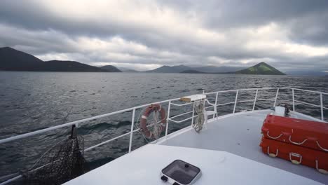 panorama view from front deck of cruise boat on cloudy day in new zealand