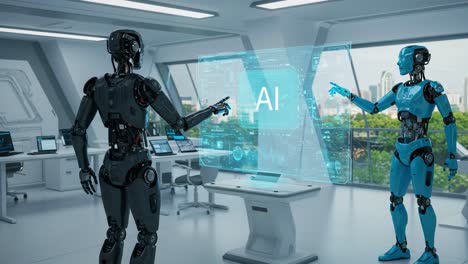 advanced robotics discussing artificial intelligence innovations in a modern high-tech laboratory setting with futuristic interfaces and digital displays