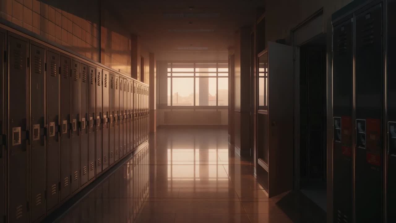 Sending sunlight through windows into school hall by sun lowering, metal lockers with one door open