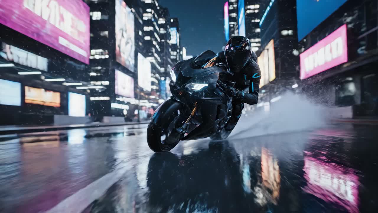Motorcycle Rider in a Neon City at Night