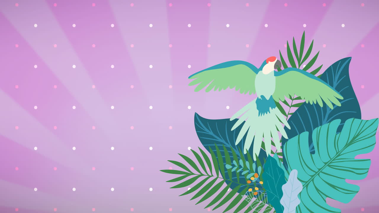 animación de loros y hojas de plantas tropicales sobre un fondo a rayas rosadas