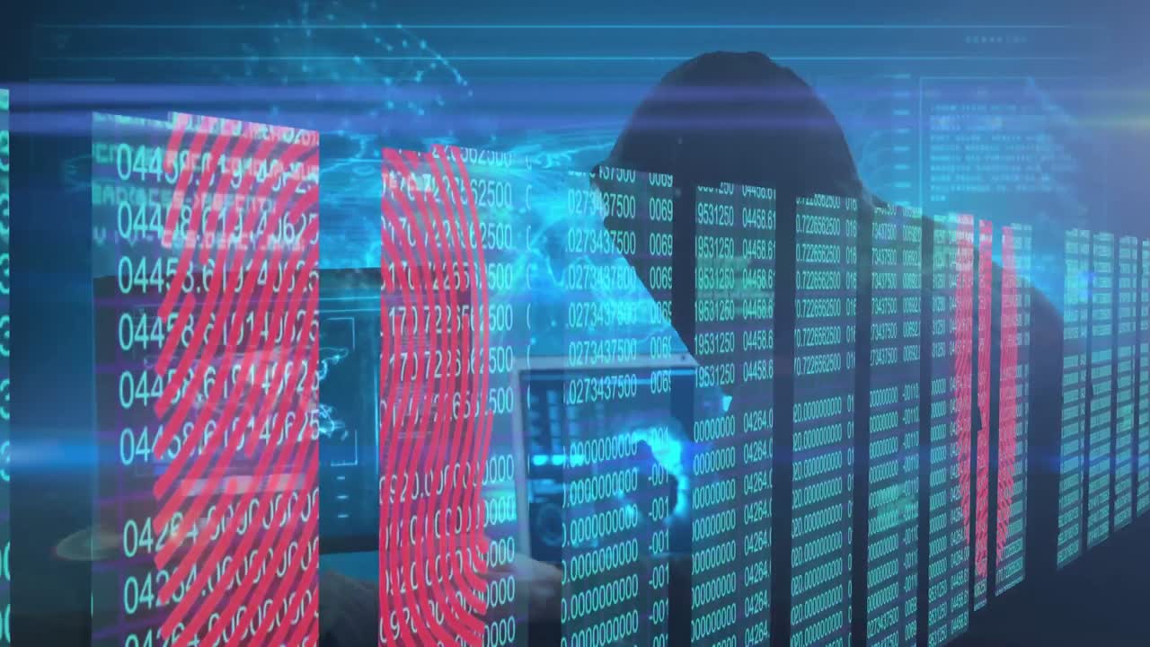 Multiple screens showing blue lines of numbers and red fingerprints over a hacker wearing a hoodie,