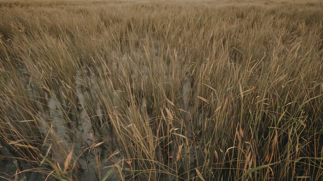 Telecamera che avanza e si abbassa attraverso la palude, rivelando canne dorate e canali di fango, enfatizzando il ritmo.