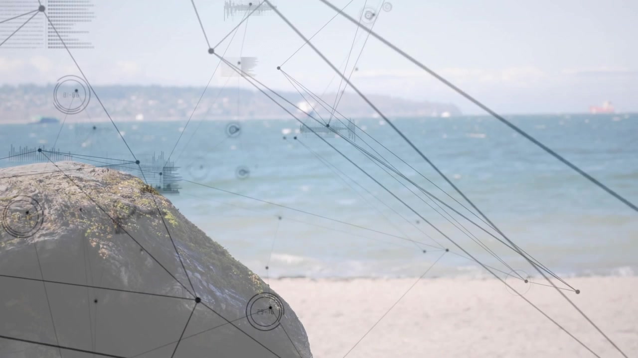 Digitale Knotenpunkte blenden ein und starten ein Netzwerk-Overlay über Felsen und Strand, während HUDs Datentrends aktualisieren.