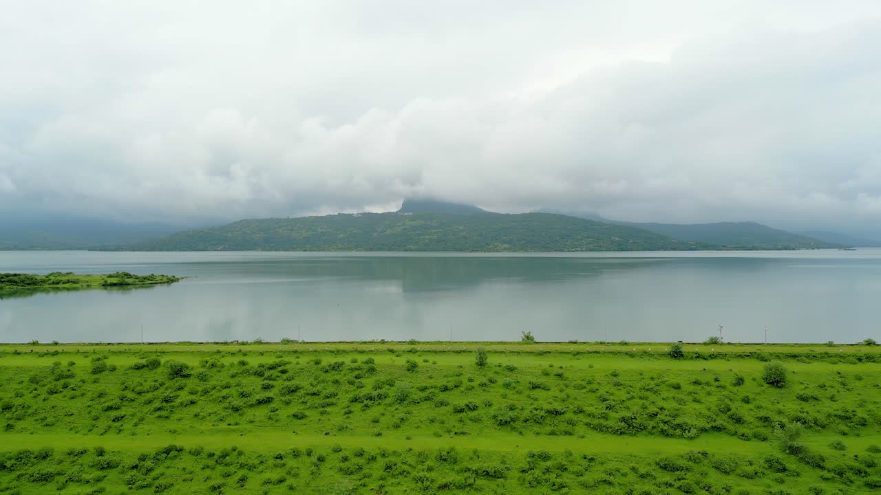 beautiful pawna dam drone moving top to down view