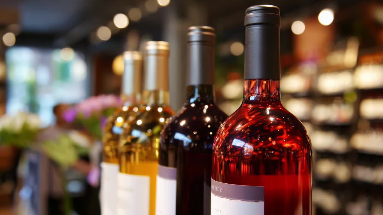 Una splendida esposizione di varie bottiglie di vino in un vivace ambiente di vendita al dettaglio, che mostra una gamma colorata di selezioni disposte magnificamente per attirare sia gli appassionati di vino che i clienti occasionali