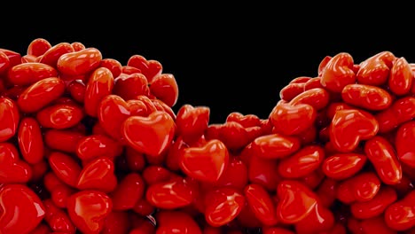 las formas de corazones rojos en 3d caen en el marco. en y fuera de la transición con el canal alfa. para bodas, día de san valentín, cumpleaños, aniversario, revelación de género, videos románticos y amor