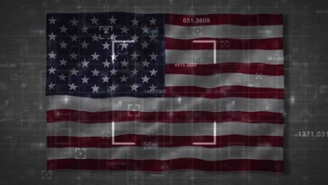 Multiple-changing-numbers-and-square-scope-scanning-over-waving-us-flag-on-grey-background