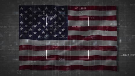 multiple changing numbers and square scope scanning over waving us flag on grey background