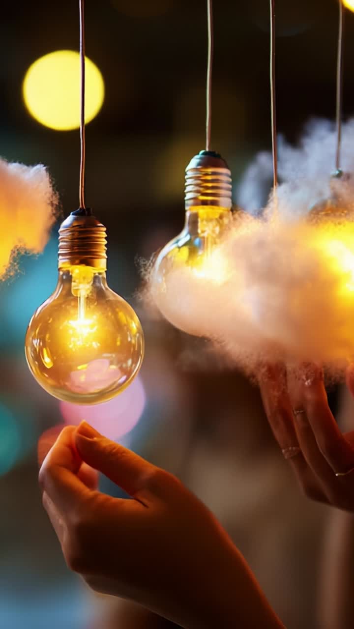 Enchanting Display of Hanging Light Bulbs Surrounded by Soft Clouds, Capturing the Ethereal Beauty of Warm Lighting in a Dreamlike Atmosphere