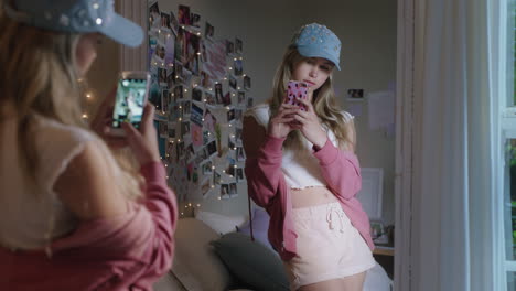 happy teenage girl taking selfie photo using smartphone posing in mirror sharing stylish fashion on social media enjoying weekend at home teen self image