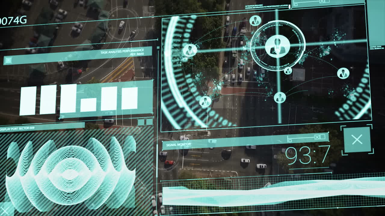 animación de la interfaz gráfica infográfica sobre vista aérea de vehículos que se mueven en la calle de la ciudad
