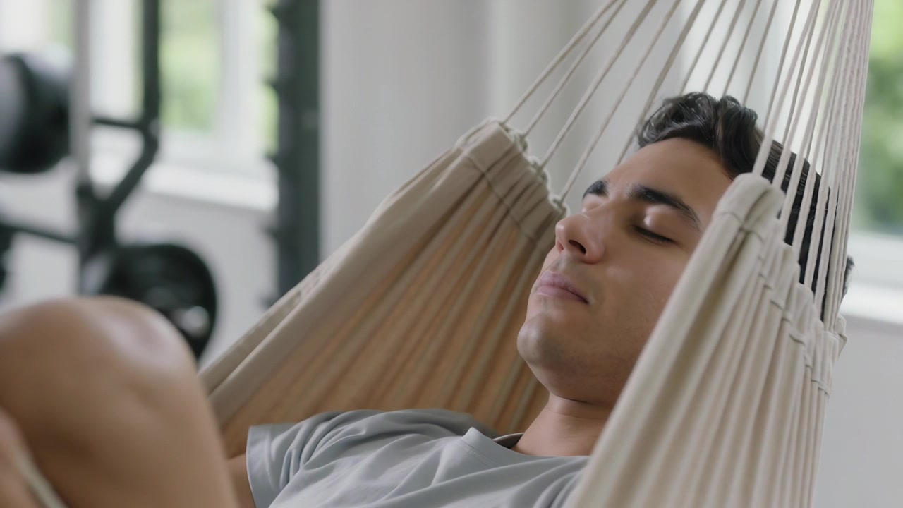 Reclining man forming smile while resting in bright room with hammock, weight rack, light grey tee
