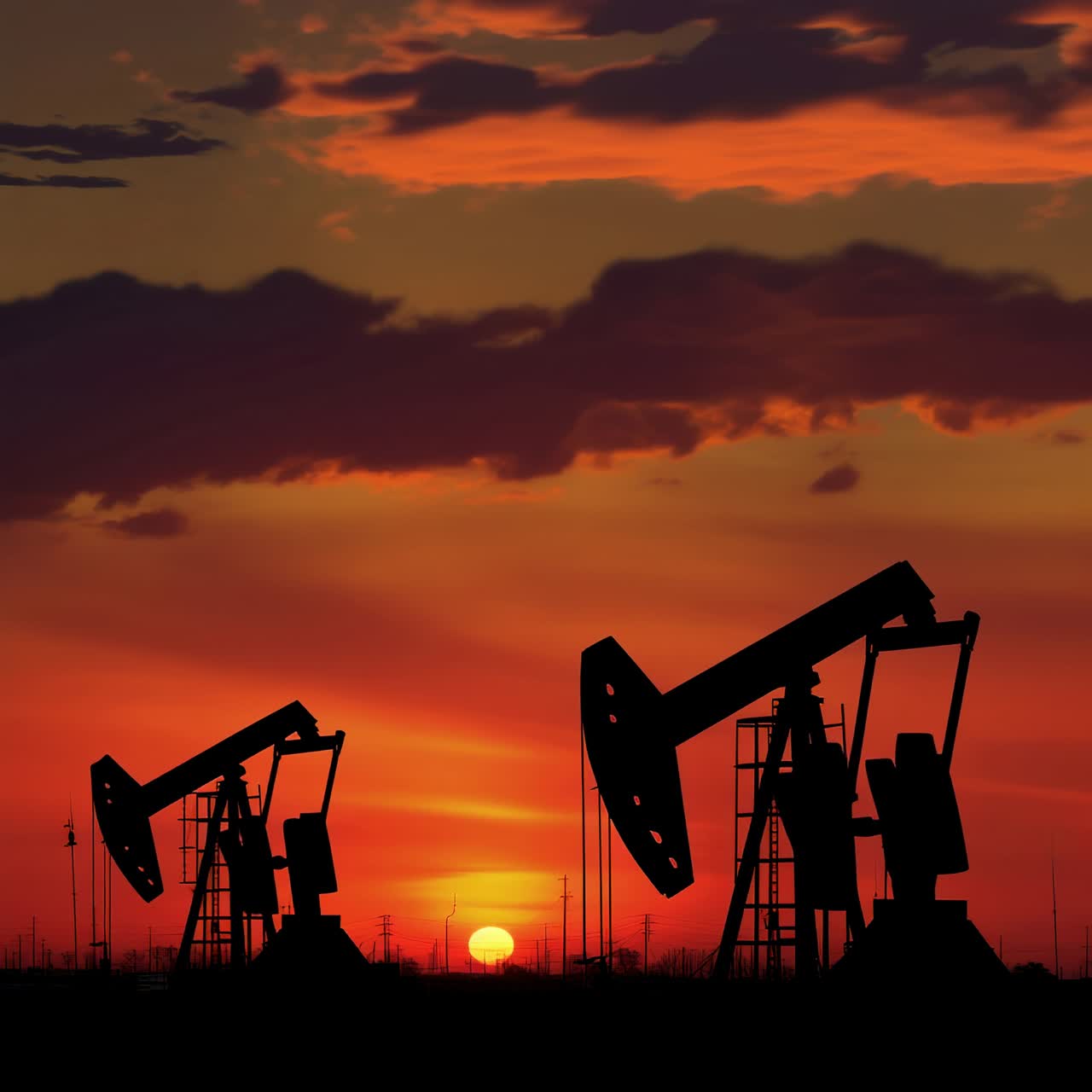 Silhouetter af oliepumper i solnedgangen, fanget fra en lav engel. Den dramatiske himmel fremhæver det industrielle.