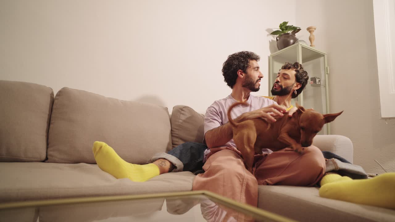 People relaxing with a dog