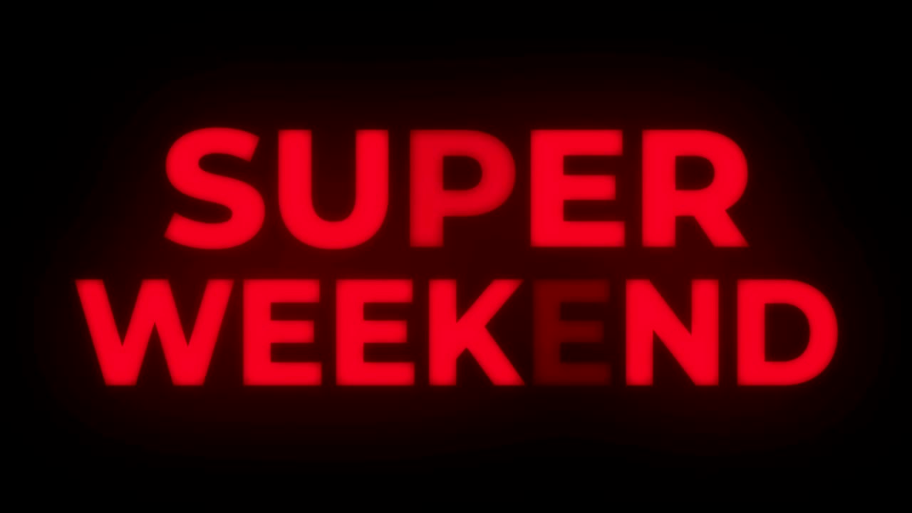 super ciclo promocional de pantalla de texto parpadeante para el fin de semana.