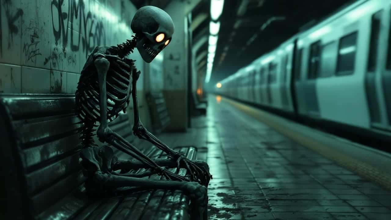 Scheletro seduto su una panchina in una stazione della metropolitana scarsamente illuminata con un treno in avvicinamento sullo sfondo.