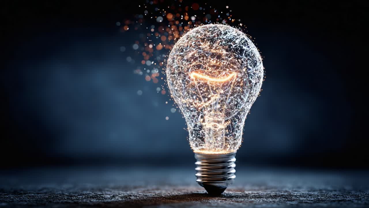 A mesmerizing view of a glowing light bulb emanating particles, illustrating the fusion of creativity and innovation, capturing the essence of bright ideas and inspiration