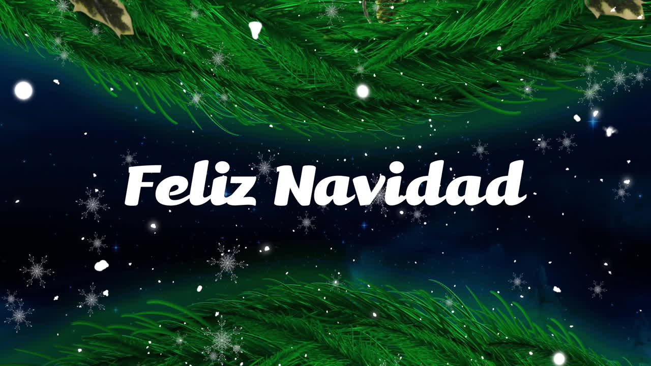 animación de texto de feliz navidad sobre las ramas del árbol de navidad en el fondo del paisaje de invierno
