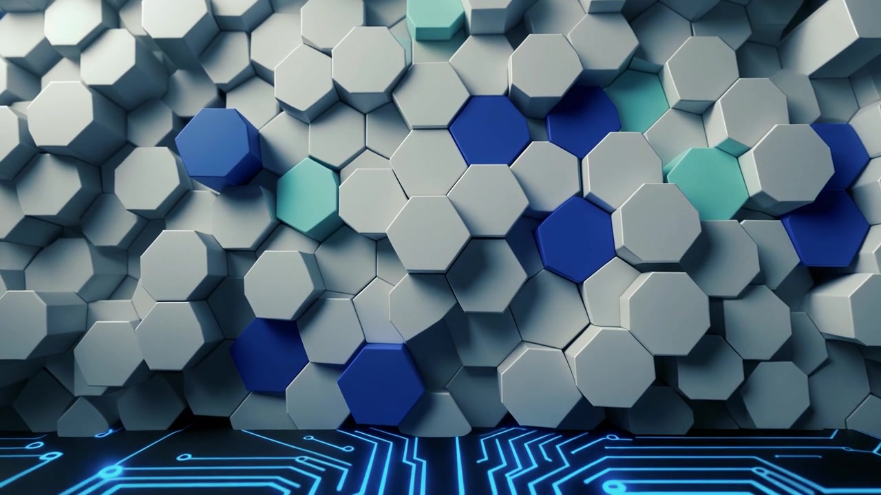 Parede Hexagonal Dinâmica com Padrão de Placa de Circuito Azul Luminoso