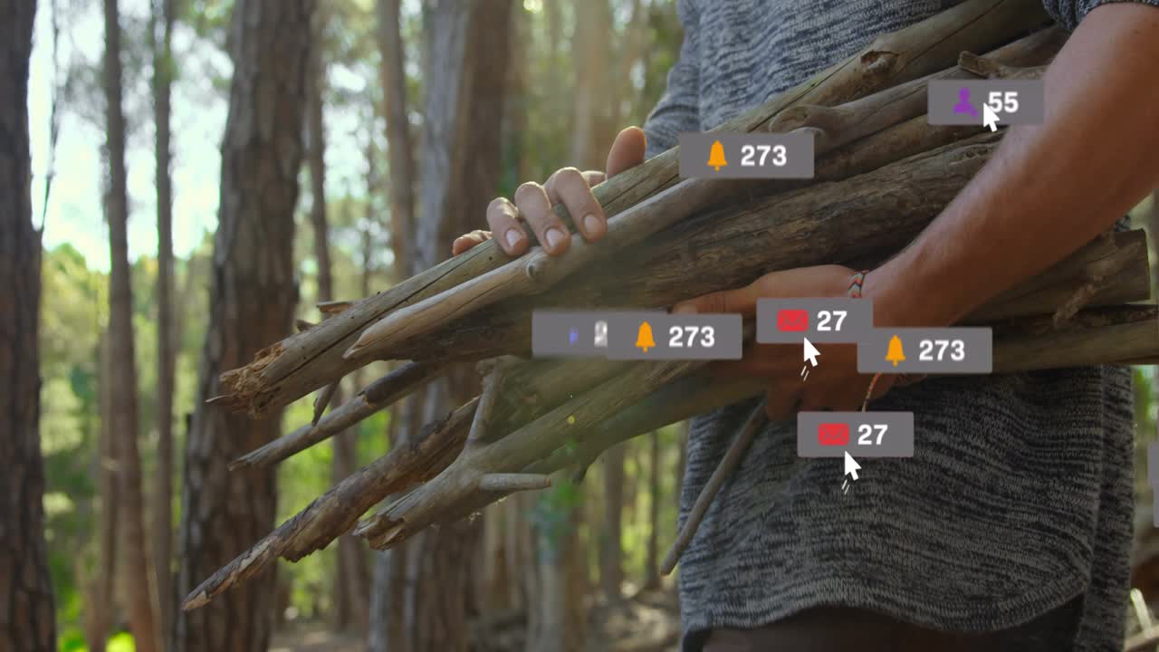 Vertical video: Notifications from right flooding over man holding sticks, showing digital overload