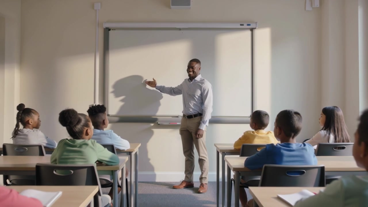 Pulling back camera revealing teacher gesturing at board in class, teaching students in light shirt