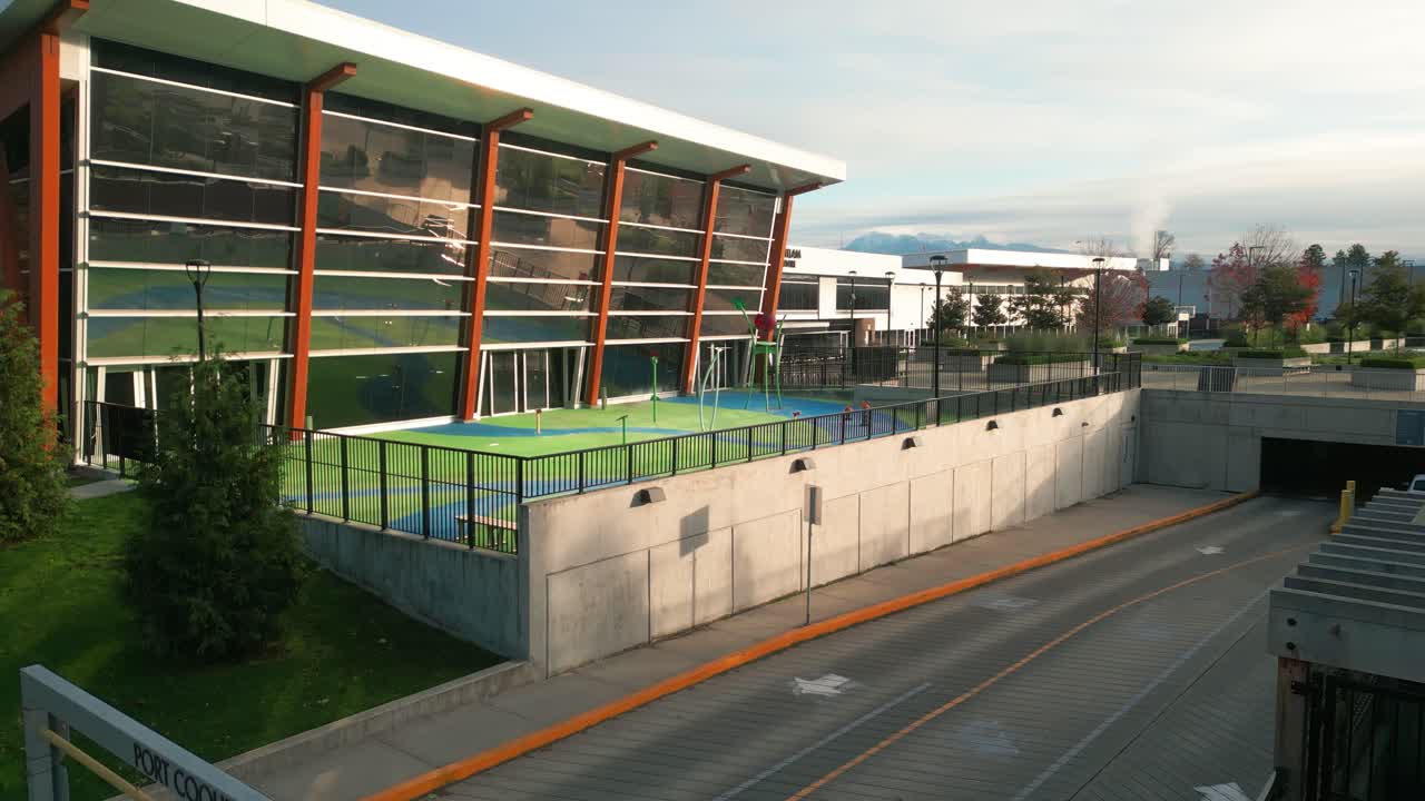 A drone shot of the port coquitlam community center.