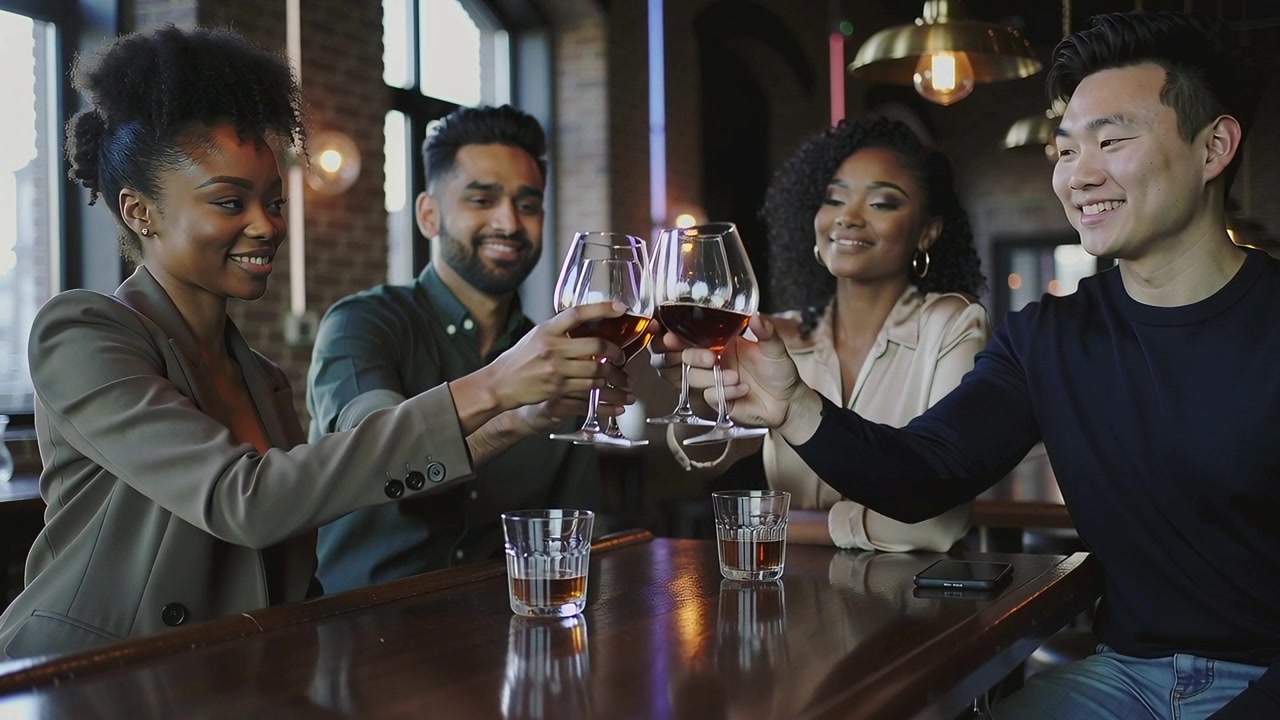 Leaning forward raising wine glasses, four friends dressed smart clinking at bar counter, toasting