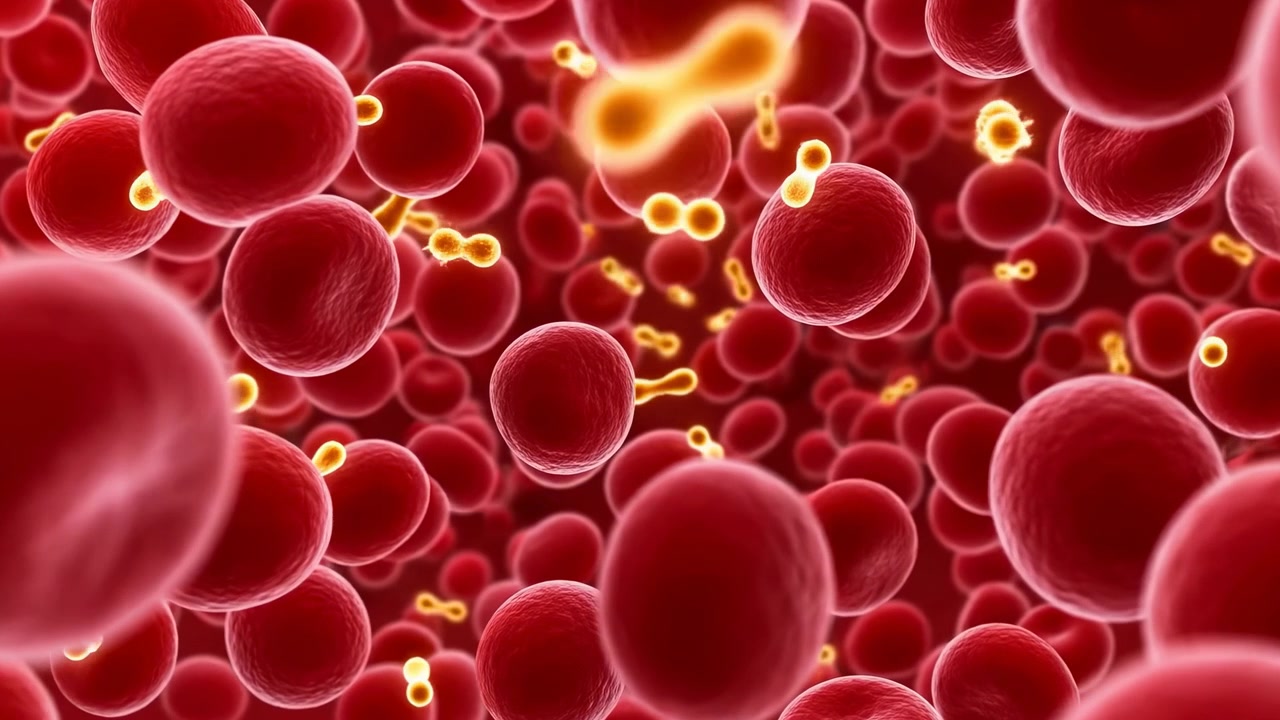 Glóbulos vermelhos densos flutuam através de uma visão aproximada de uma corrente sanguínea enquanto pequenas formas amareladas brilhantes semelhantes a microrganismos se movem entre eles, criando uma imagem vívida
