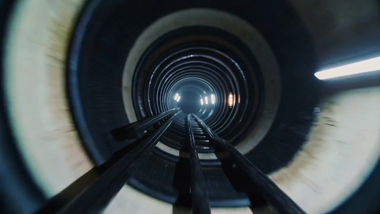 La cámara comienza a moverse a lo largo de rieles gemelos hacia una salida luminosa en un túnel anular, con una tira LED a la derecha.