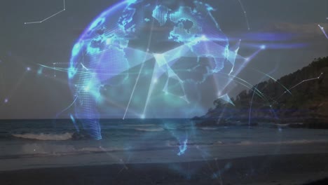 animación del globo de la red de plexo contra las olas del mar y la playa