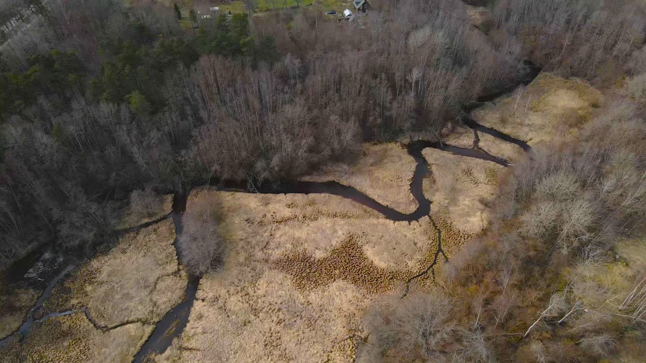 Aerial drone footage of dark colored narrow rivers in a brown grassy field in Laagri Estonia called Pääsküla river. The water is flowing in the middle of a forest or woody area and a garden visible.