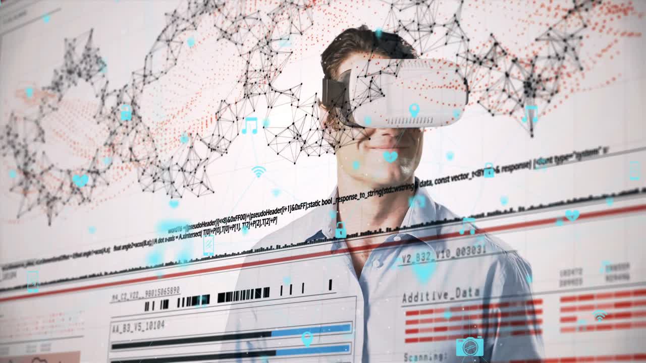 анимация сети соединений с иконками над человеком, носящим гарнитуру и обработку данных