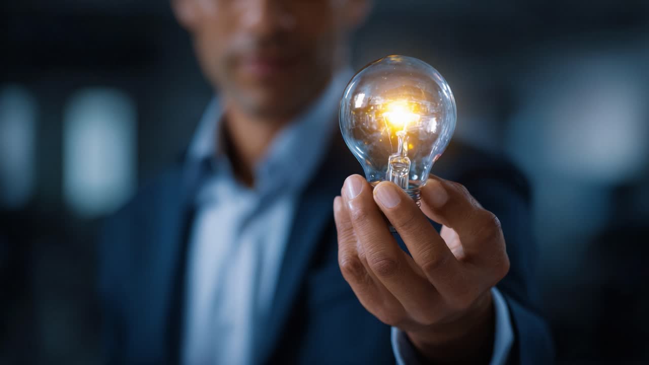 A confident individual demonstrates innovation and creativity by holding a glowing light bulb, symbolizing bright ideas and new beginnings in a professional setting