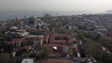 drone shot of blue mosque, hagia irene and hagia sophia in istanbul, turkey