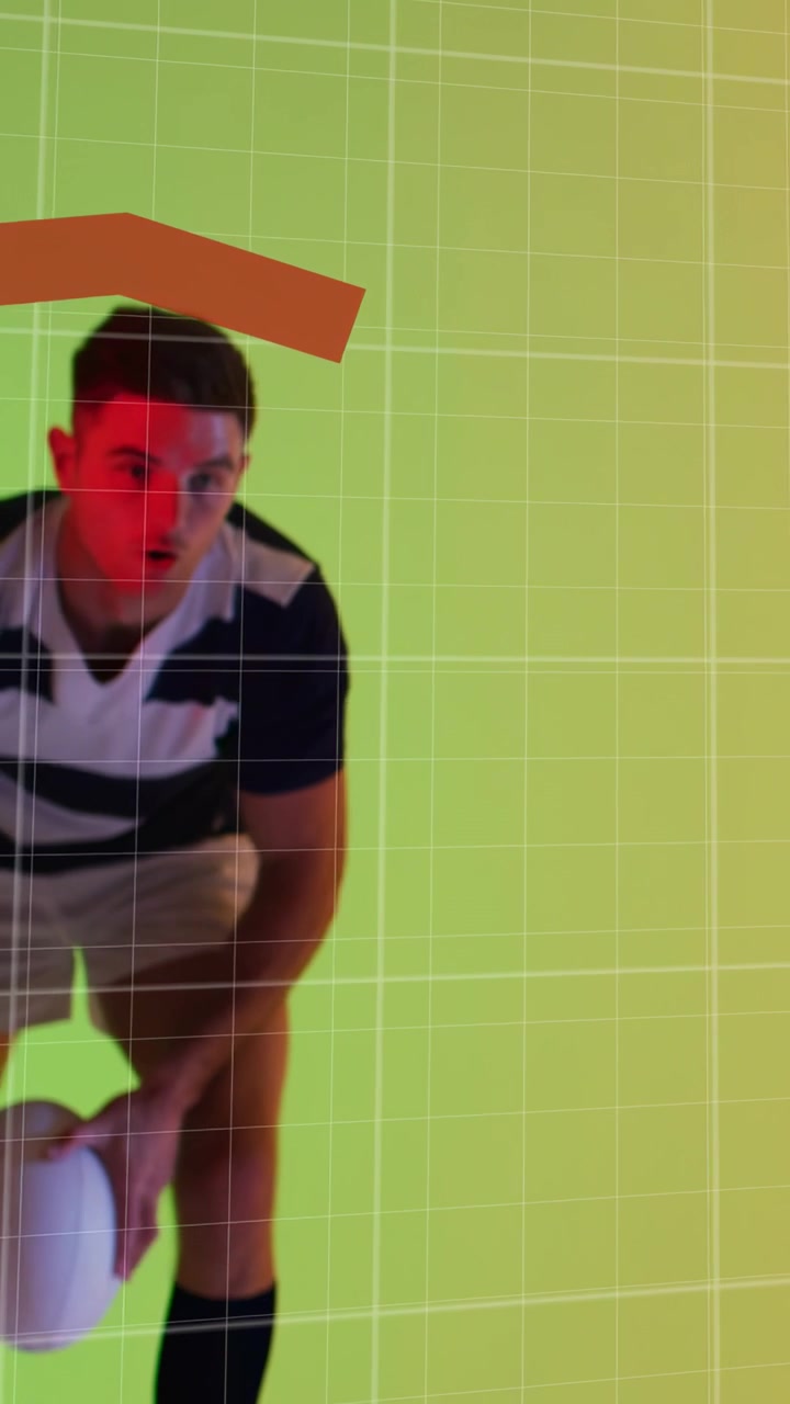 Video verticale: Atleta che tiene una palla, ruotando e spingendo per passare, con griglia e linee rosse in movimento.