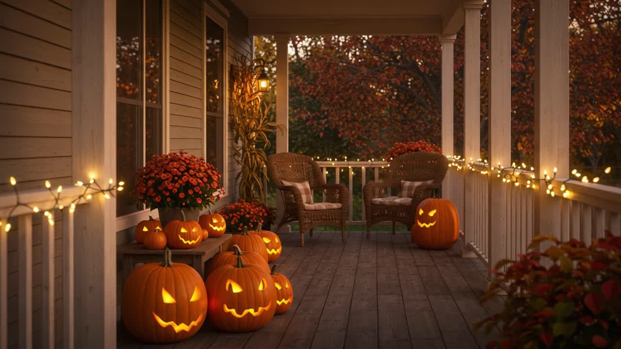 A Cozy Autumn Porch Decorated for Halloween Featuring Charming Jack-o'-Lanterns, Cozy Chairs, and Twinkling Lights Under a Vibrant Fall Foliage Background