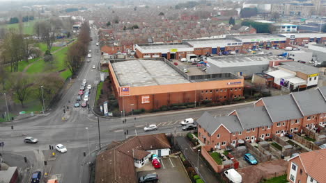 aerial - an industrial places in large market town in northampton, a cold day with a view from the sky in east midlands of england, united kingdom, europe