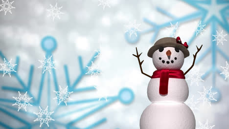 animation of falling snowflakes over snow man on white background