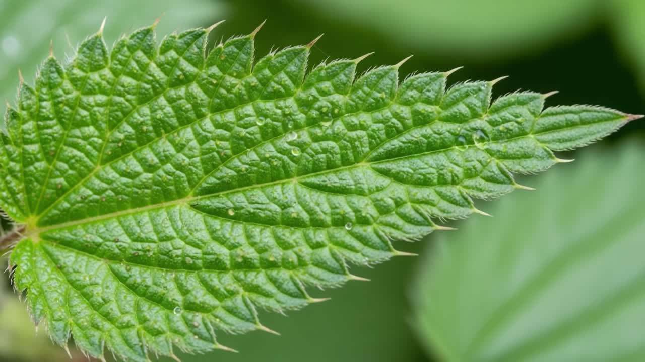 Close-up Examination of a Vibrant Green Leaf Showcasing Intricate Texture, Veins, and Water Droplets in a Natural Setting