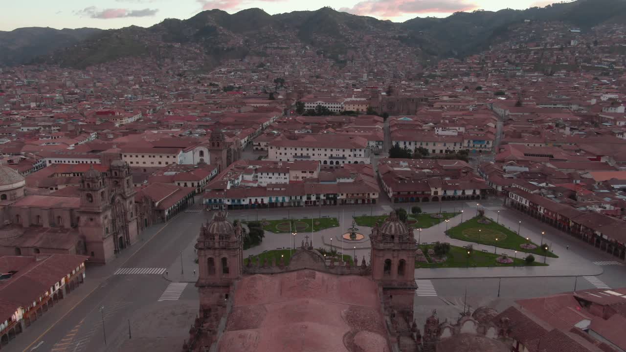 4k daytime aerial drone footage over the main Cathedral from Plaza de Armas in Cusco, Peru during Coronavirus lockdown