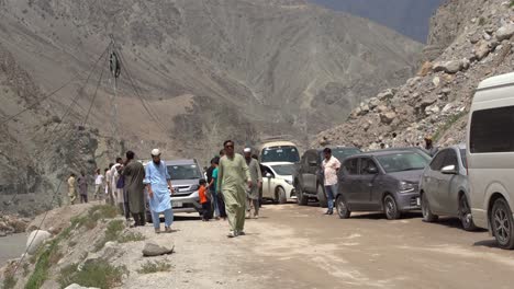 traffic jam on a narrow mountain road in pakistan