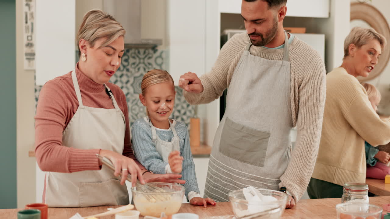Playing, flour or kid baking with parents