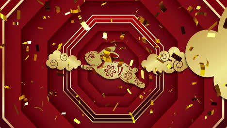 animación de decoraciones tradicionales chinas con conejo y confeti sobre fondo rojo.
