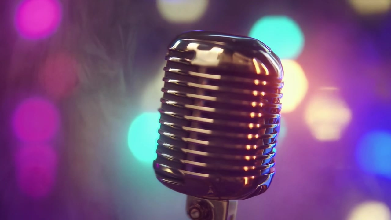 Vintage Microphone on Stage with Colorful Bokeh Lights