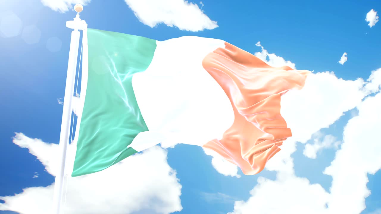 Realistic flag of Ireland waving against time-lapse clouds background. Seamless loop in 4K resolution with detailed fabric texture.